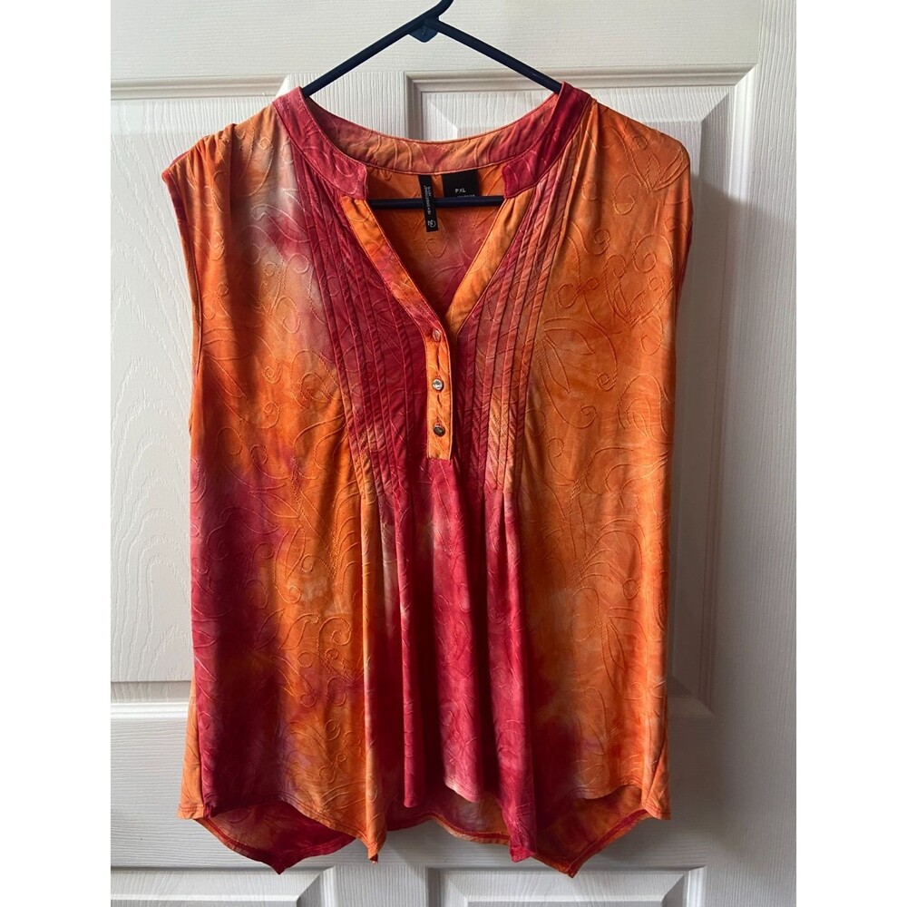 New Directions Top Womens PXL Pleated Orange and Red Sleeveless V Neck